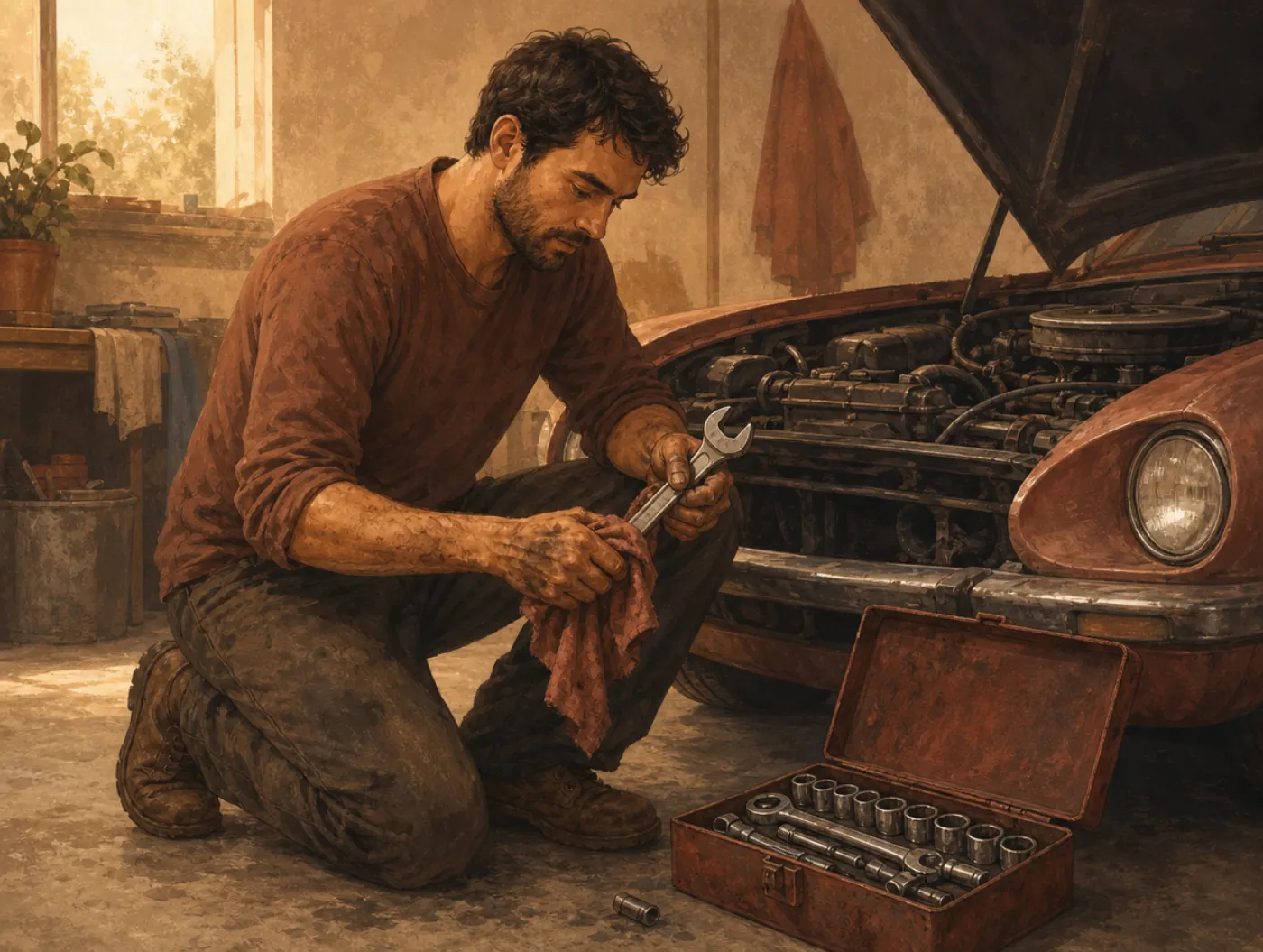 Realistic Holland Code: The Builder: a man kneeling by an open car engine in a garage, wiping a wrench, toolbox open on