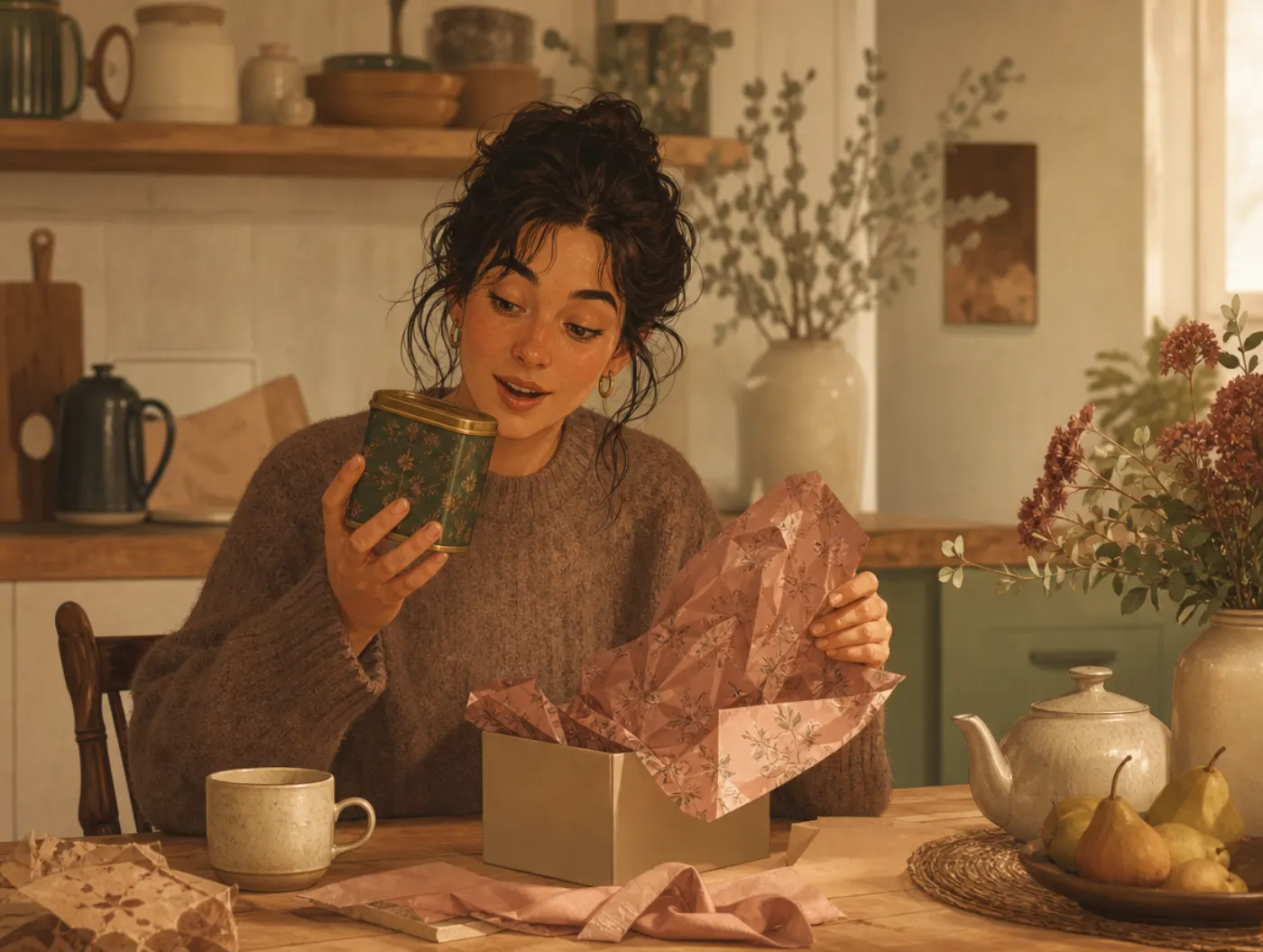 Receiving Gifts: The Thoughtful-Token Love Language: a person pausing while unwrapping a small gift box to recognize an