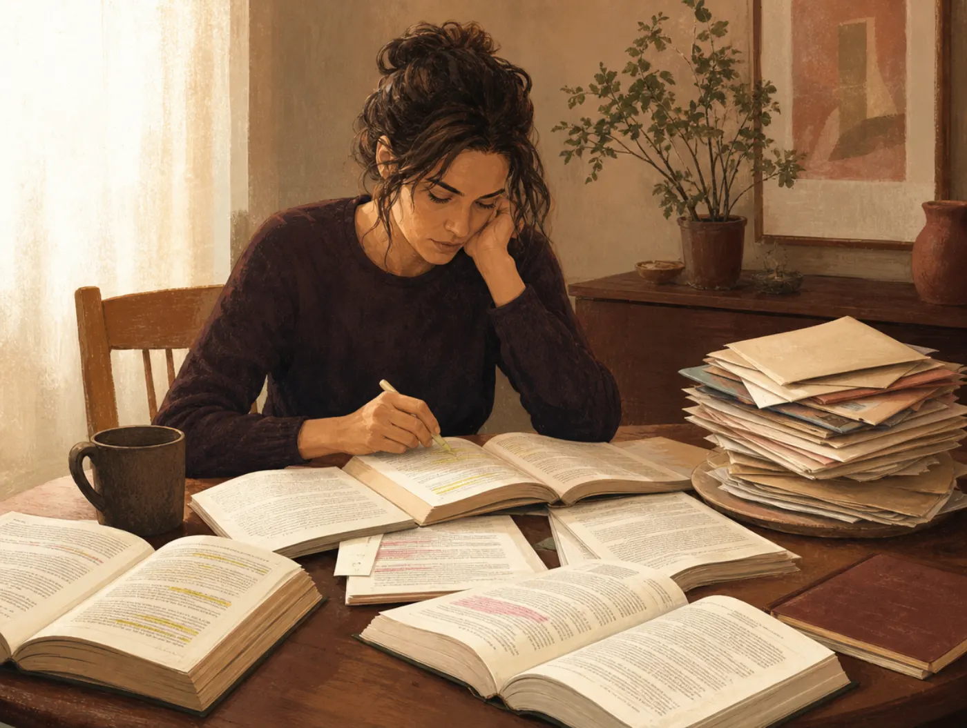 The Sage Archetype: The Search for Understanding: surrounded by open library books and research notes, mail left unopene