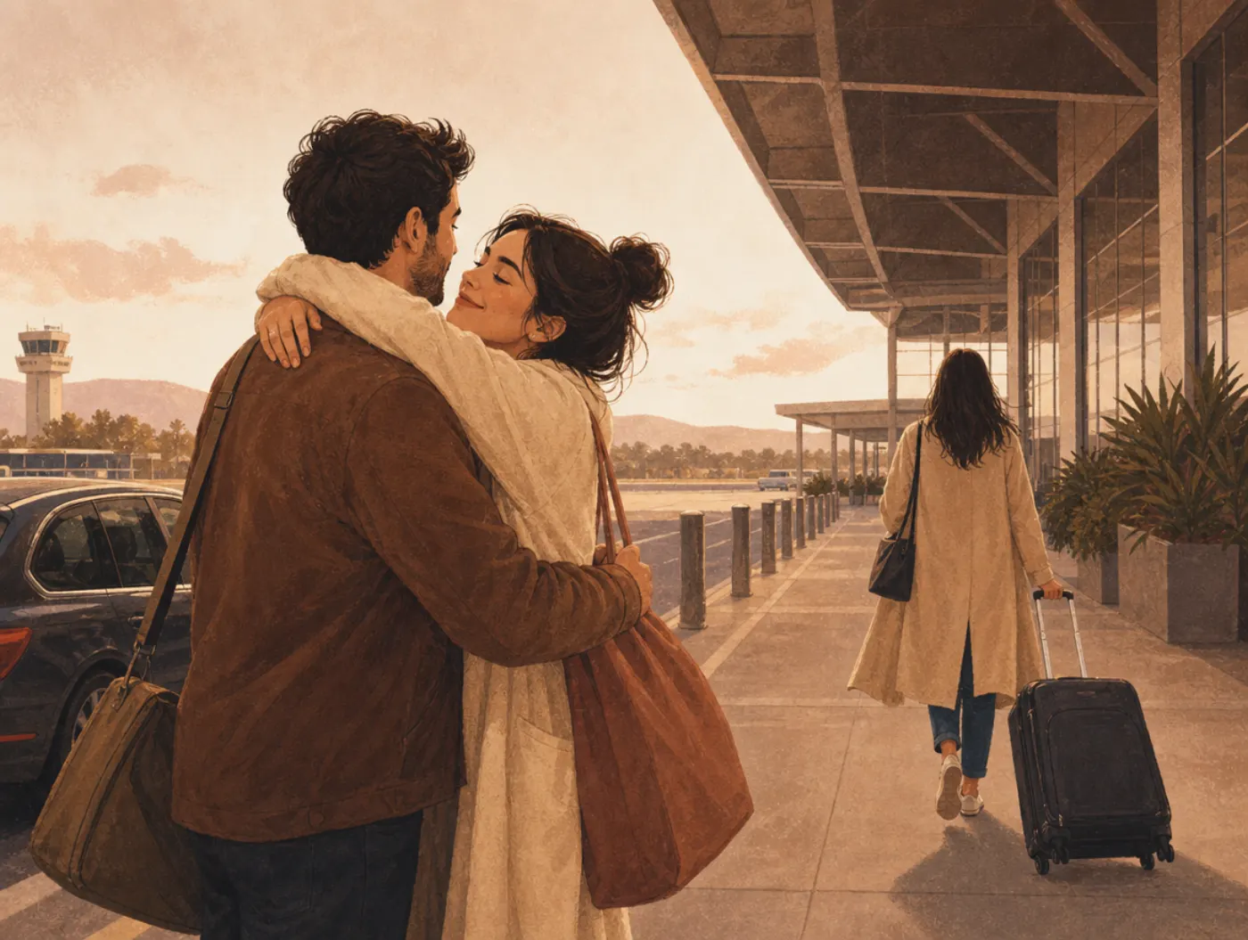 Secure Attachment Style: a couple's relaxed goodbye hug before one departs alone, rolling a suitcase