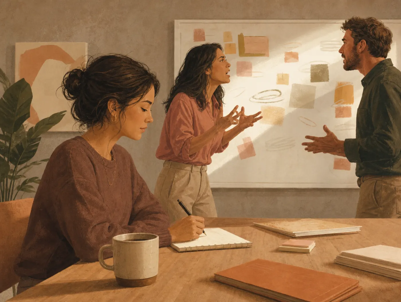 Steadiness: The DISC Style Built on Trust: a calm colleague quietly takes notes while others argue during a meeting