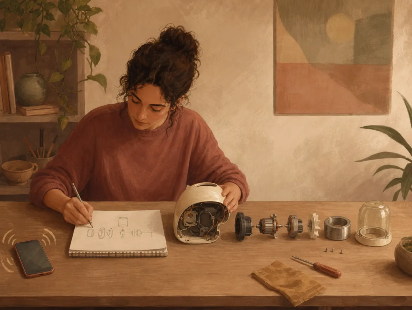 Introverted Thinking: person disassembling an appliance, arranging parts in order, sketching how they connect while a ph