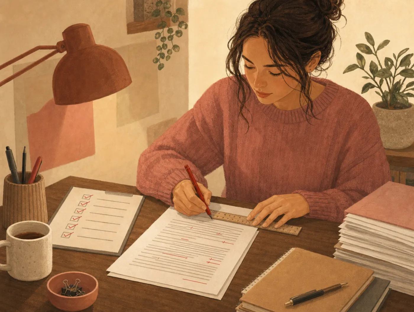 Enneagram Type 1: The Reformer: person using a ruler and red pen to correct errors on a printed document