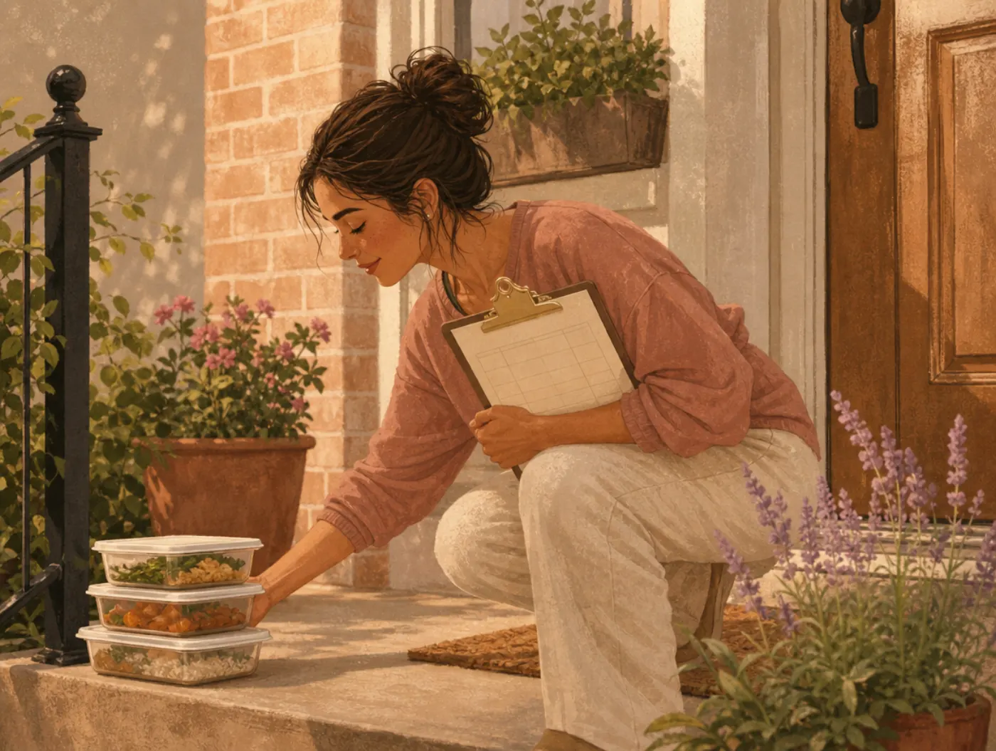 Enneagram 2w1: The Altruist: a woman leaves labeled meals on a neighbor's porch, a handwritten care schedule on her clip