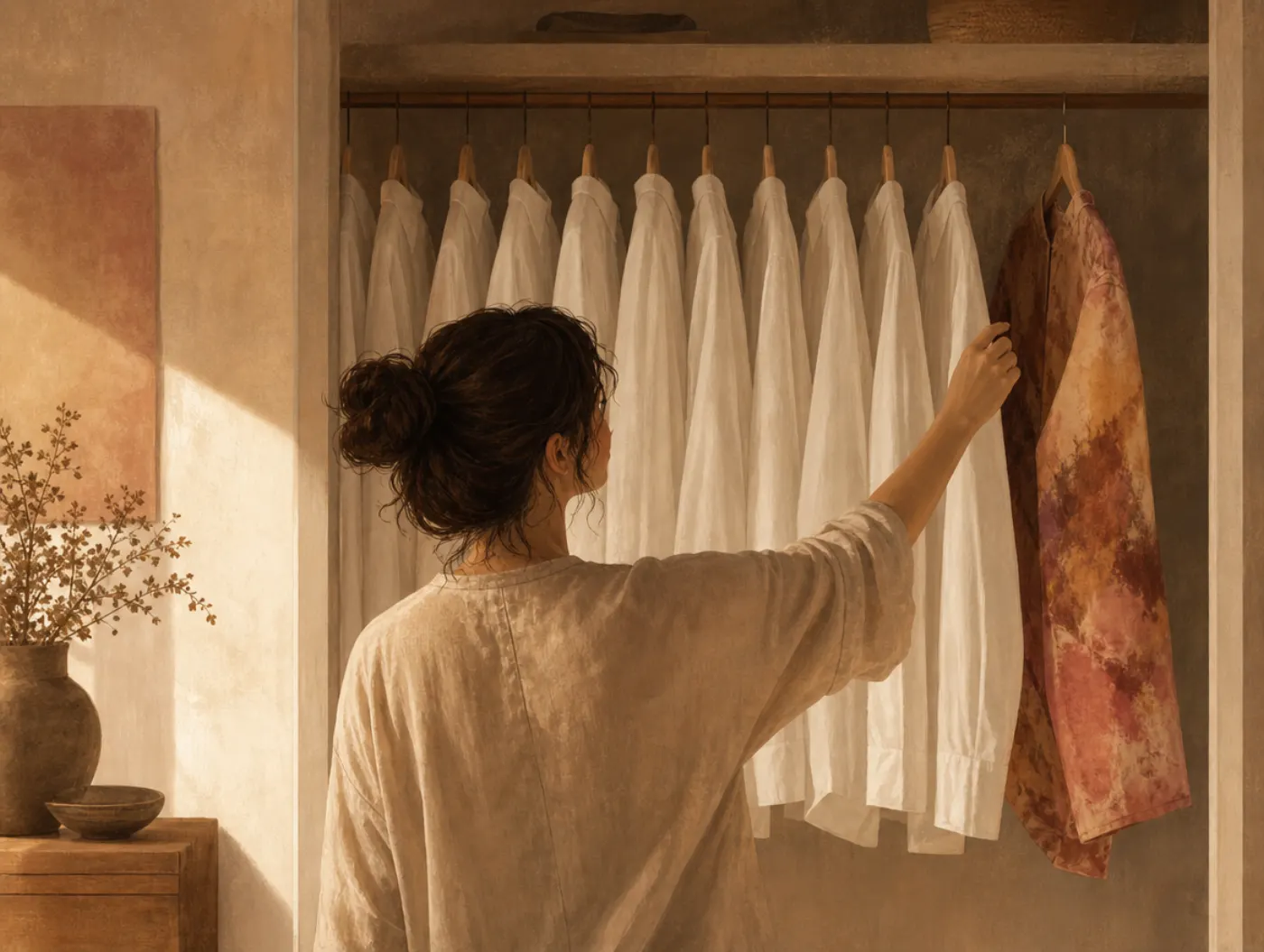 Enneagram Type 4: The Individualist: a person choosing a hand-dyed shirt over a row of identical white ones