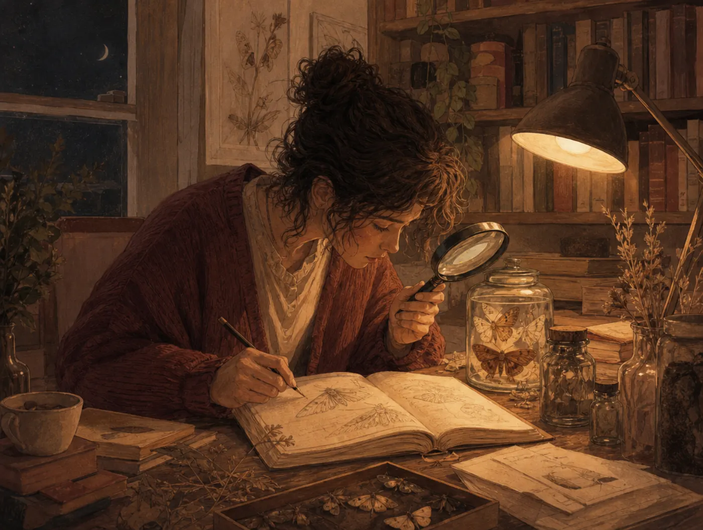 Enneagram 5w4: The Iconoclast: sketching moth diagrams by magnifying glass in a book-lined study