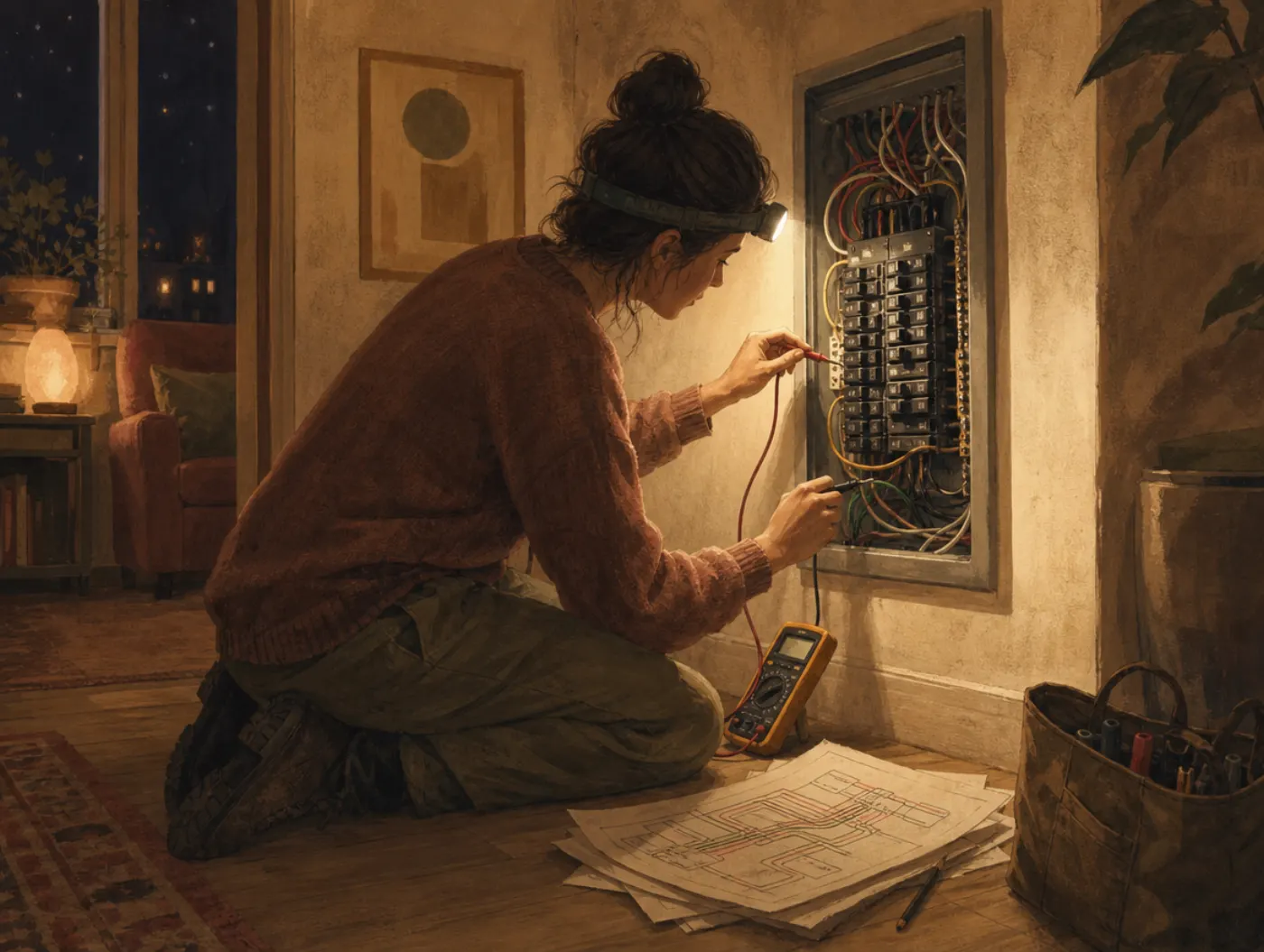 Enneagram 5w6: the Problem-Solver: testing a circuit breaker panel with a multimeter by headlamp