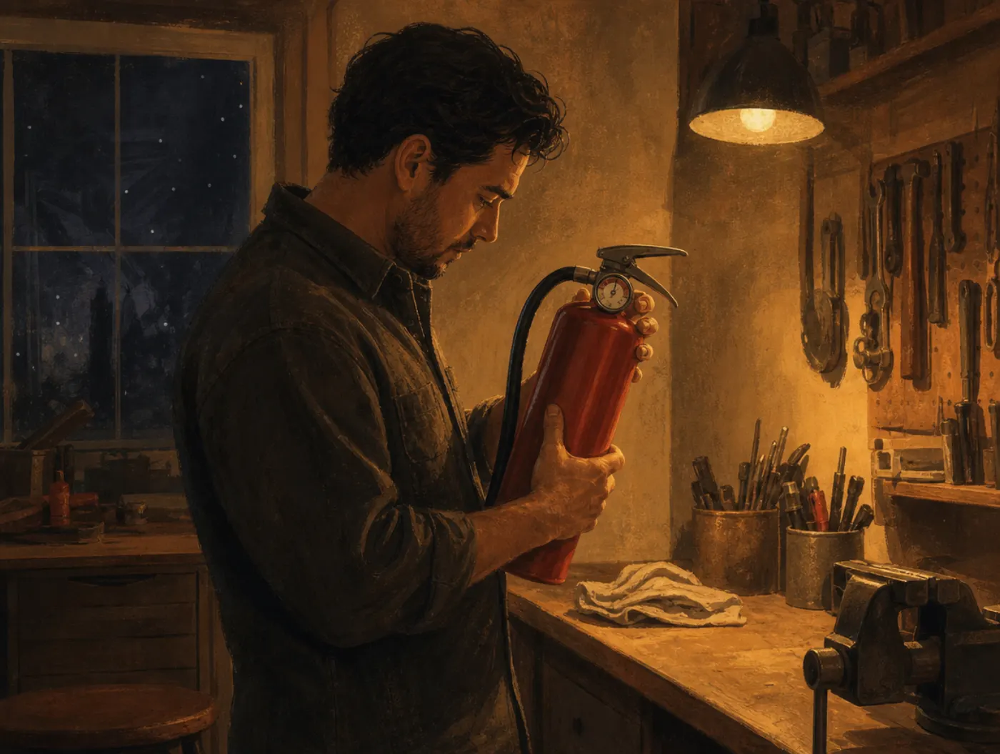 Enneagram 6w5: the Defender: a man checks a fire extinguisher gauge in his locked home workshop at night
