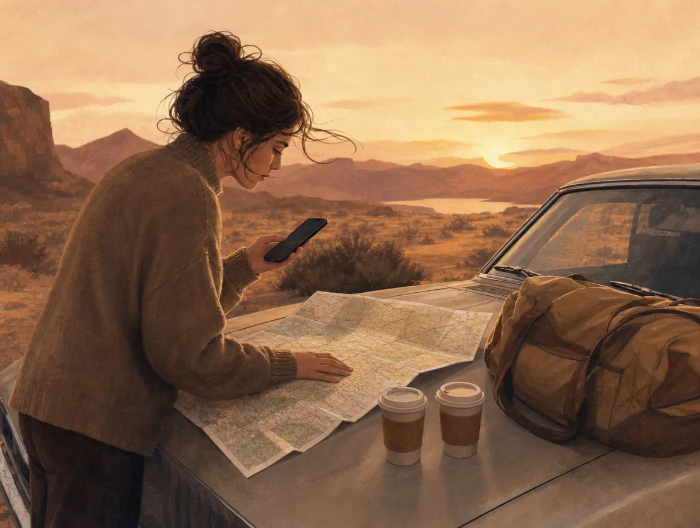Enneagram 7w6: the Entertainer: a person maps a spontaneous road trip on a car hood, two coffee cups ready to share with
