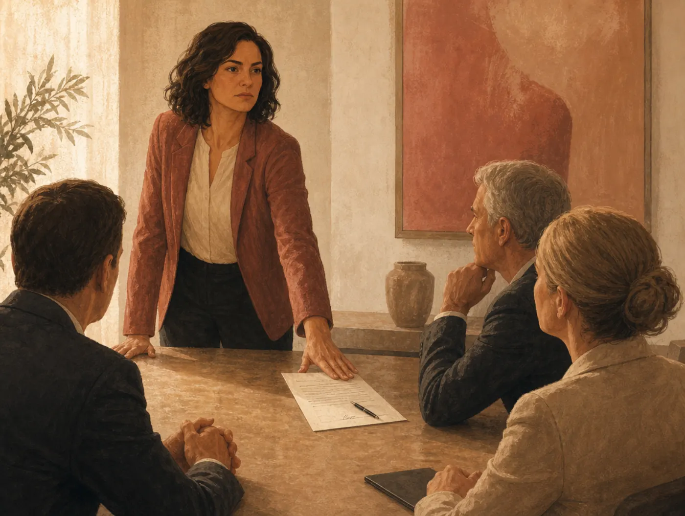Enneagram Type 8: The Challenger: standing at a table, pushing a contract back, refusing to yield