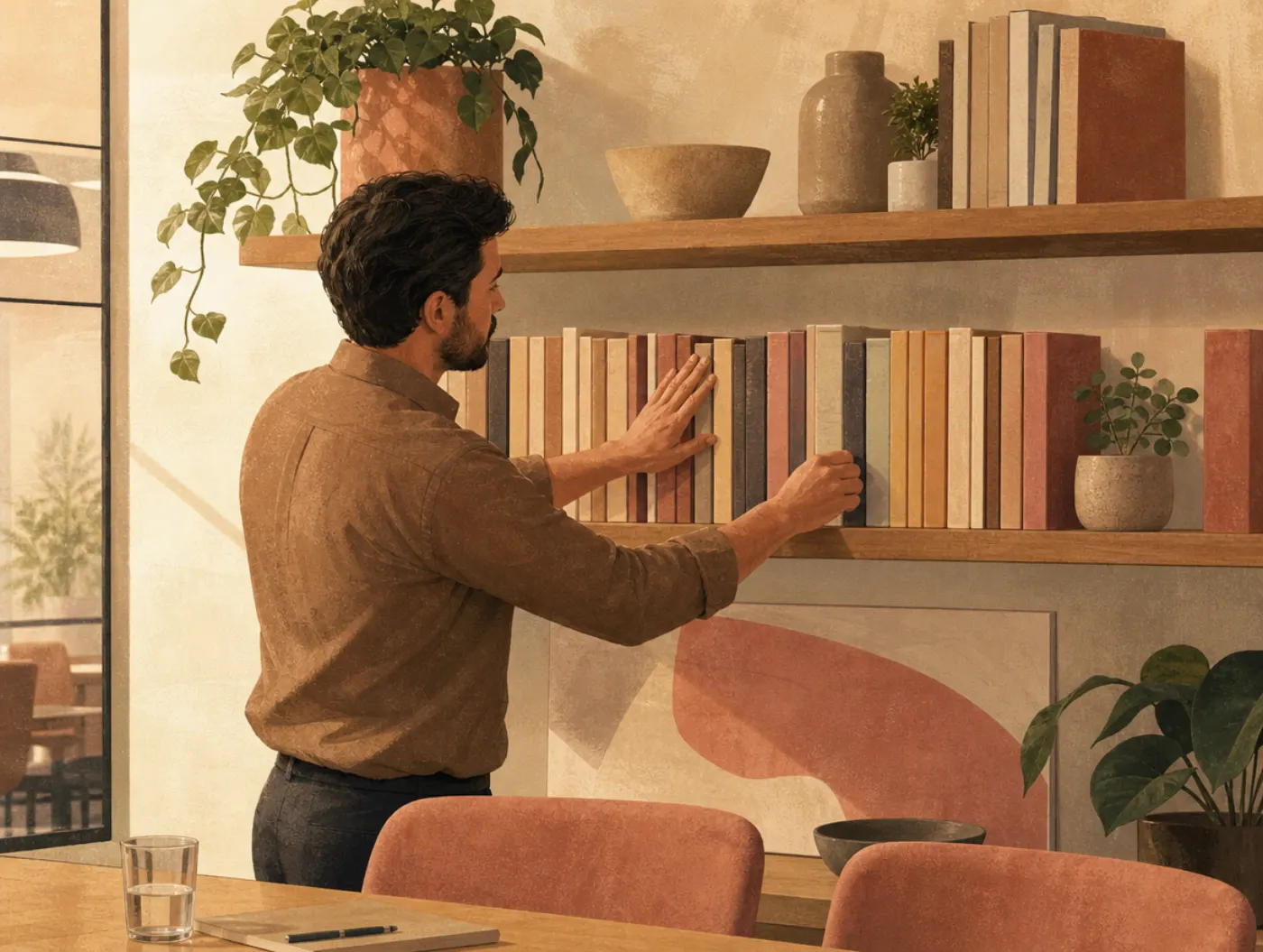 Enneagram 9w1: the Dreamer: a man calmly straightening a stack of books into neat, even rows before a meeting