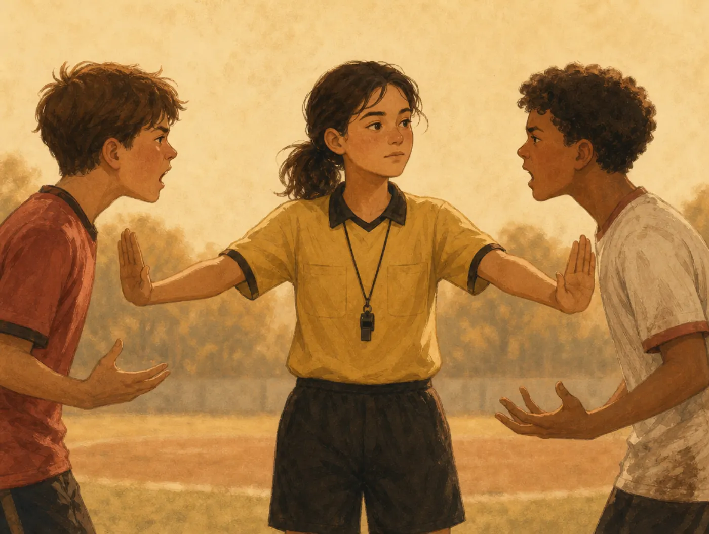 Enneagram 9w8: the Referee: calmly separating two arguing soccer players on the field