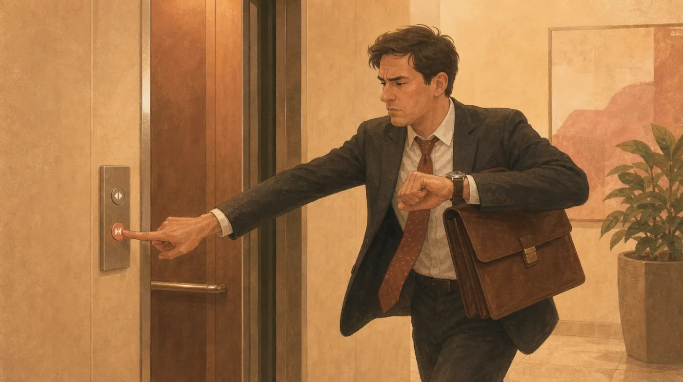 Type A Personality: The Driven, Time-Urgent Pattern: a commuter jabbing an elevator close-door button