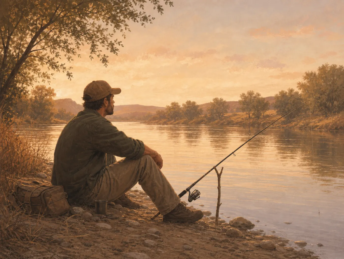 Type B Personality: The Relaxed, Even-Paced Pattern: a man fishing calmly by a river, in no rush