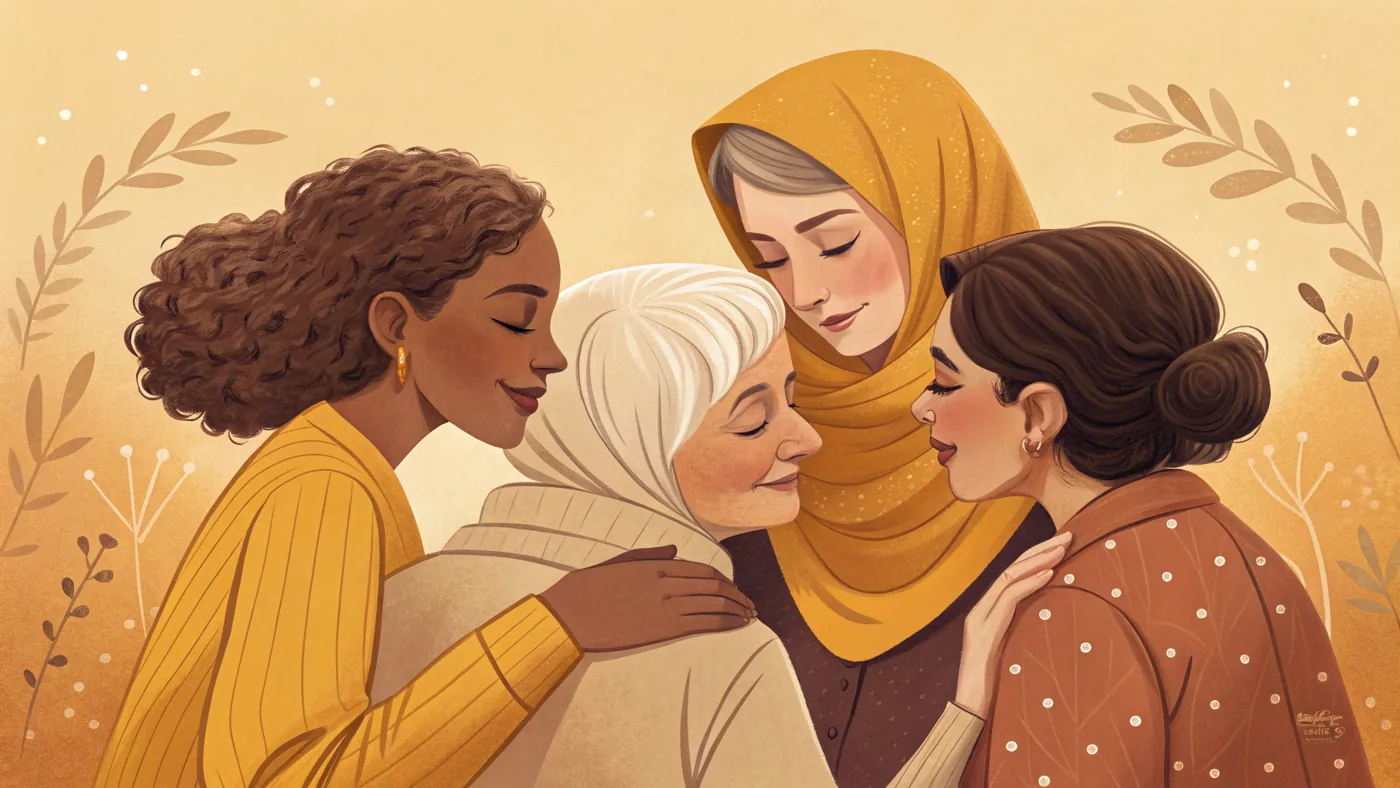 Illustration of women of different ages supporting one another, representing women's mental health across life stages