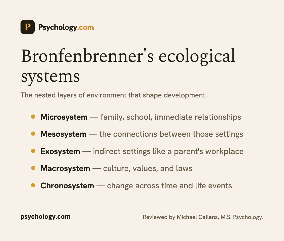 Infographic of Bronfenbrenner's ecological systems: micro, meso, exo, macro, and chronosystem