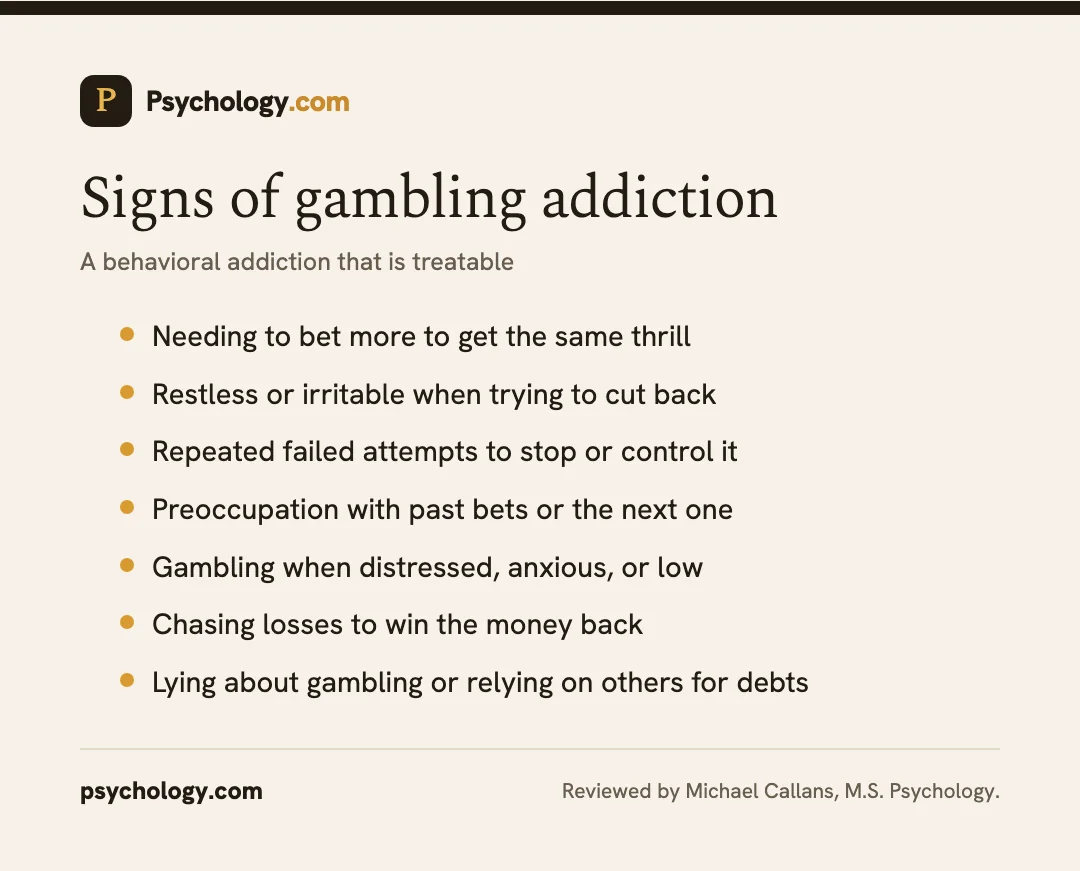 Infographic of gambling addiction warning signs, including chasing losses, betting more, and lying to hide gambling