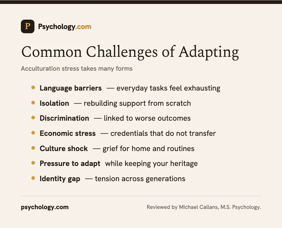 Infographic listing common challenges of immigration and acculturation stress, including language, isolation, and discrimination.