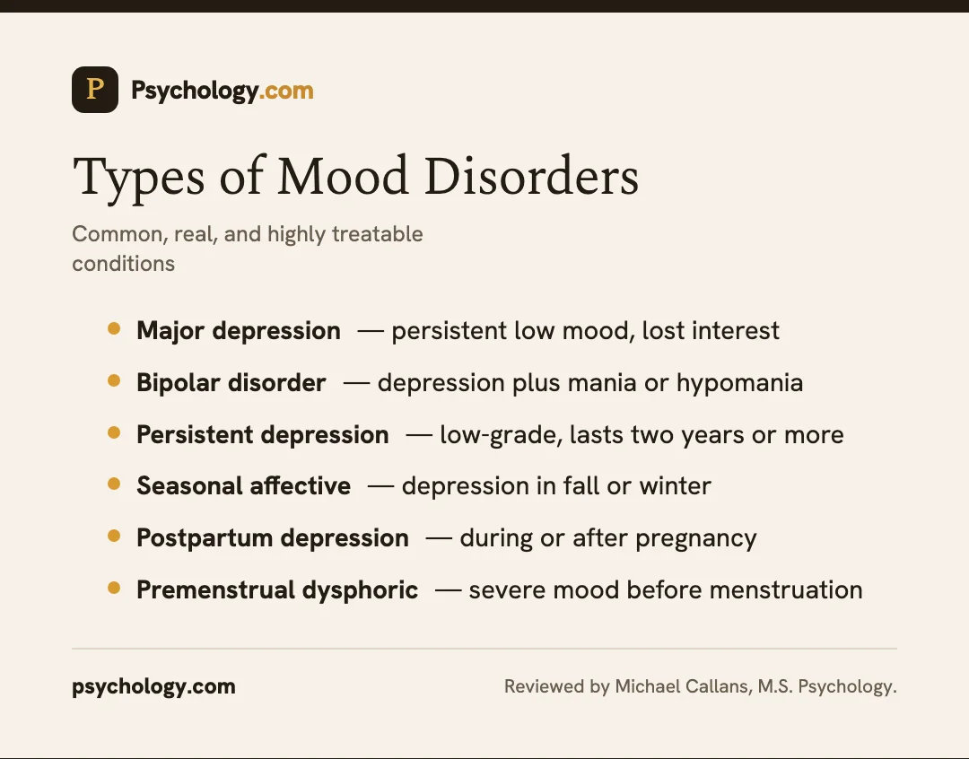 Infographic listing types of mood disorders including major depression, bipolar disorder, and seasonal affective disorder
