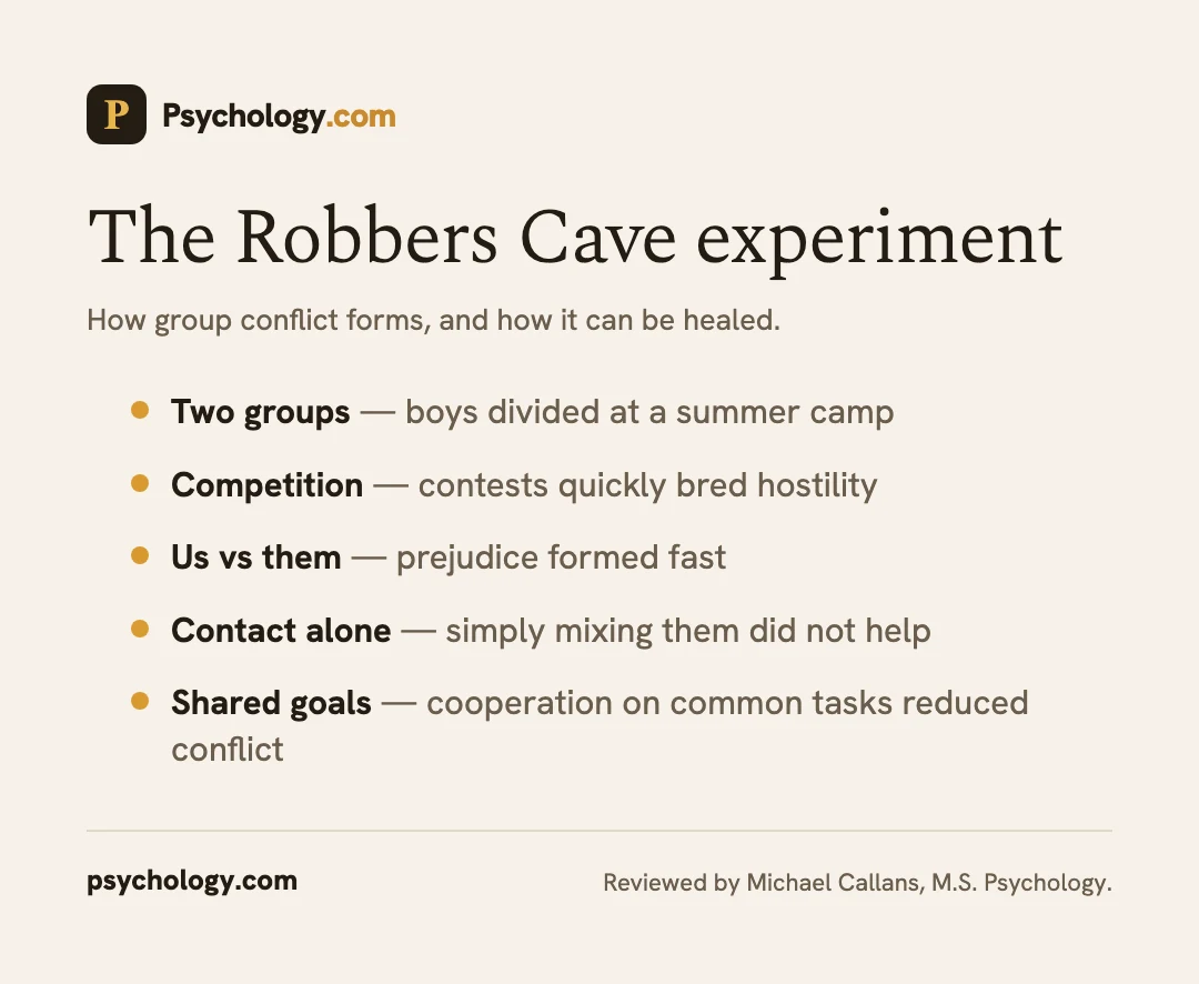 Infographic summarizing the Robbers Cave experiment on group conflict and cooperation