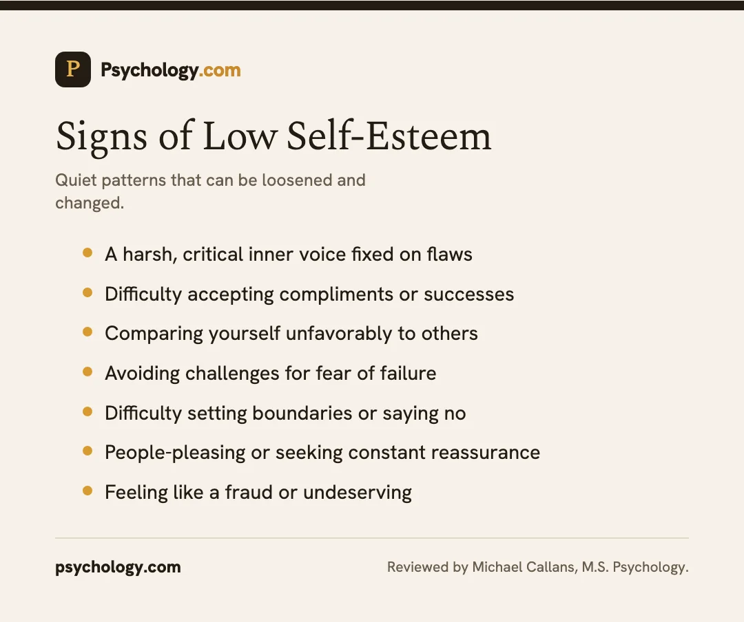 Infographic listing common signs of low self-esteem and the patterns that keep self-worth low.