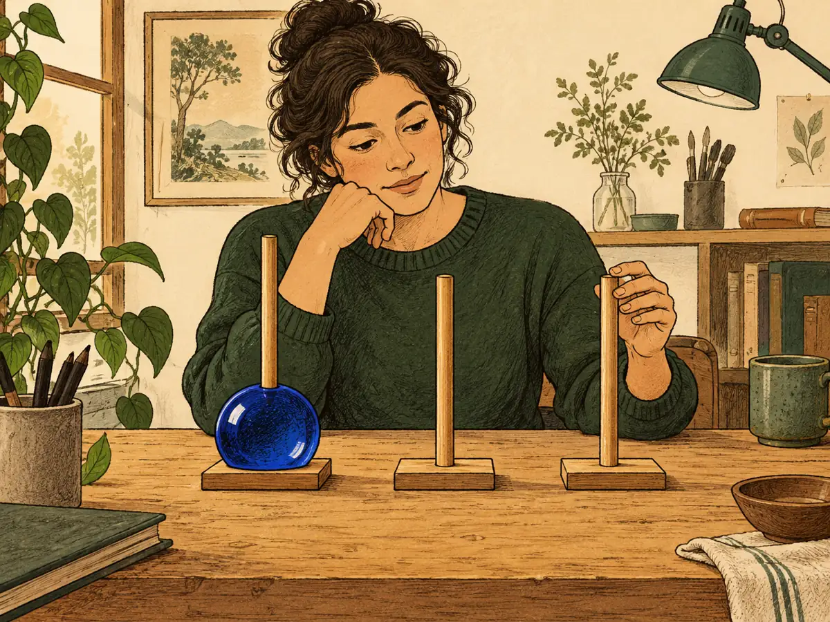 An adult considers three measuring rods beside a blue paperweight on a wooden workbench.