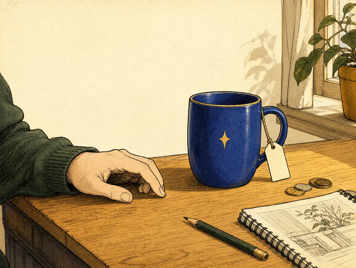 A cobalt-blue mug with a blank price tag on a wooden desk, a hand beside it hesitating over the price.