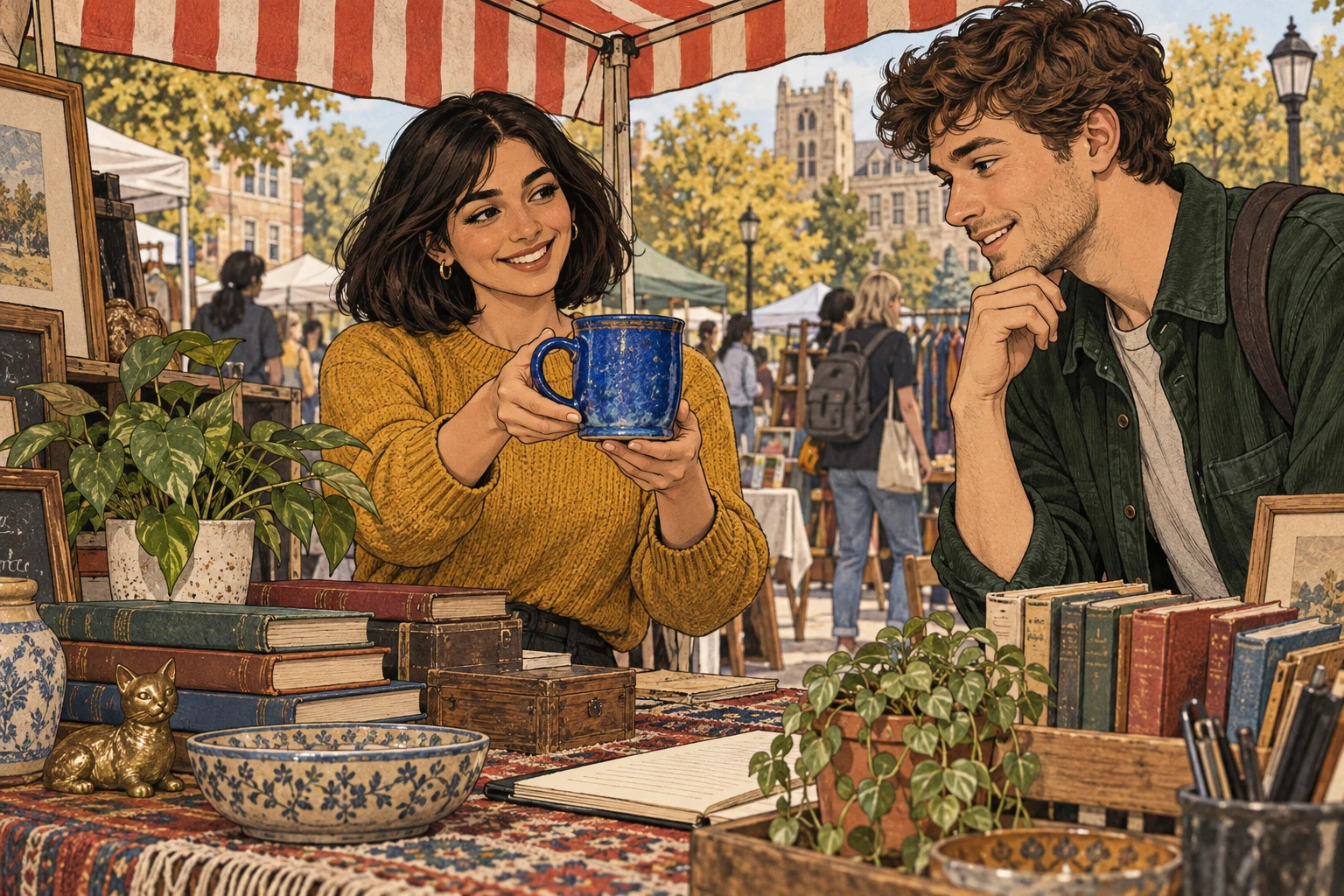 Noor offers a blue mug at a campus market, beside books and a plant.