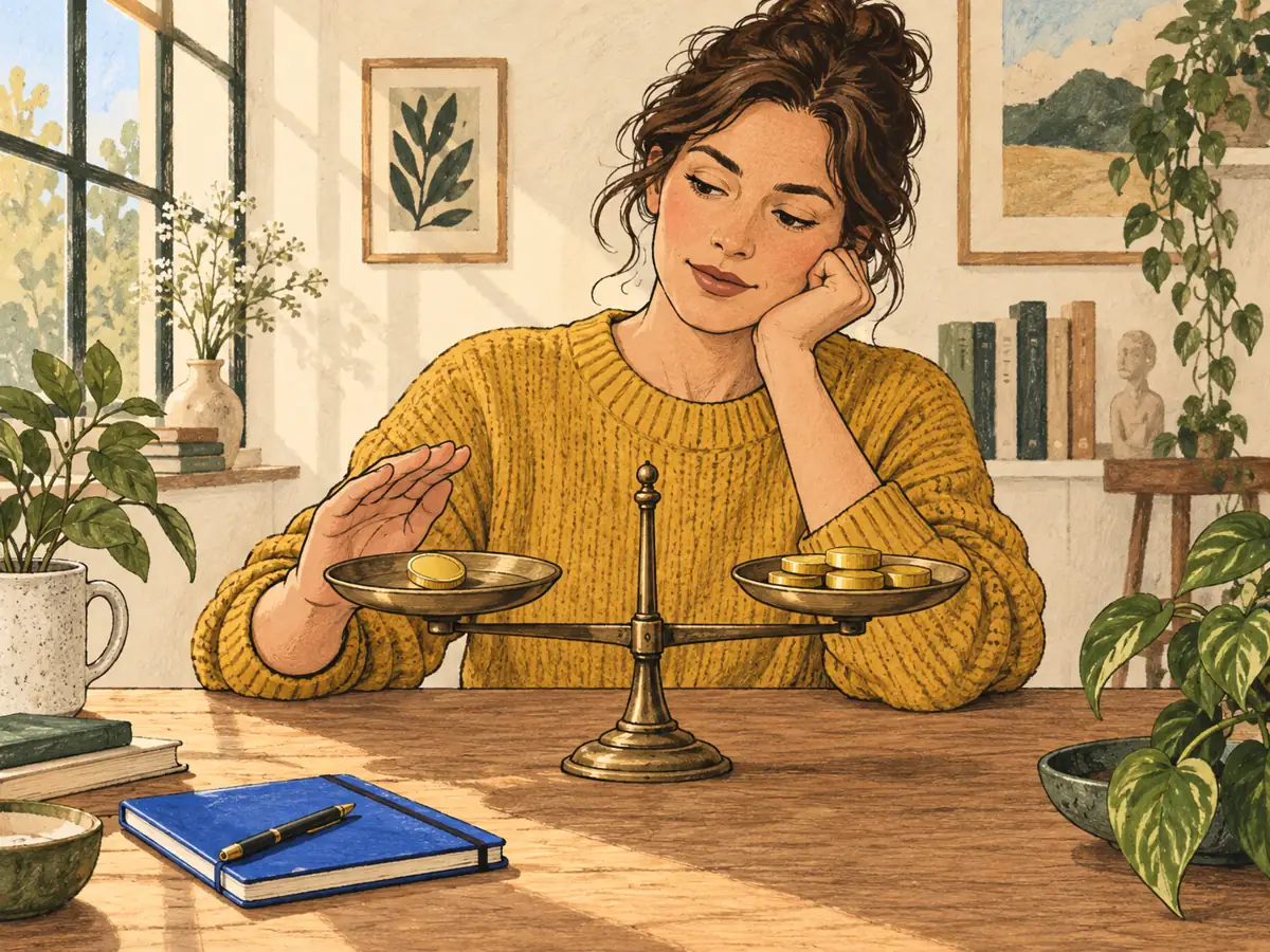 A woman weighs a single gold token against several tokens, a metaphor for comparing losses and gains.