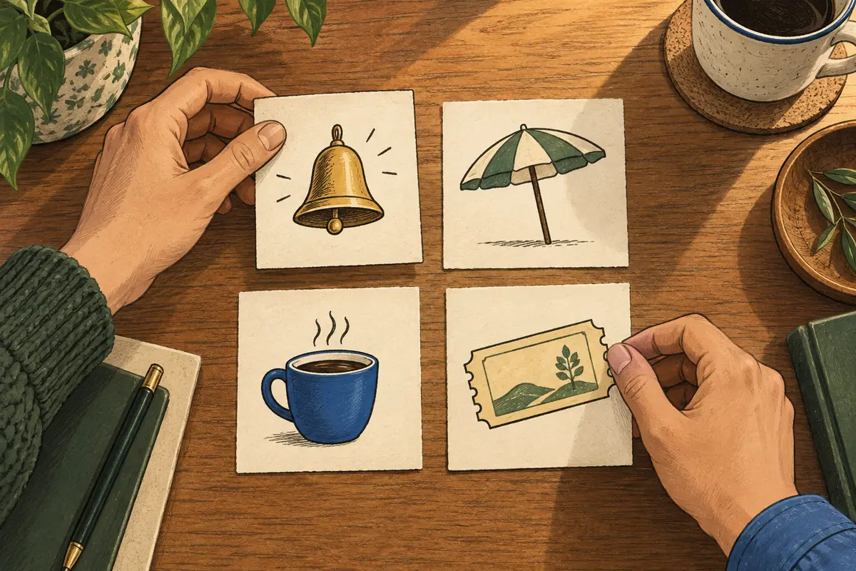 Hands sort four illustrated cards into a two-by-two arrangement on a desk.