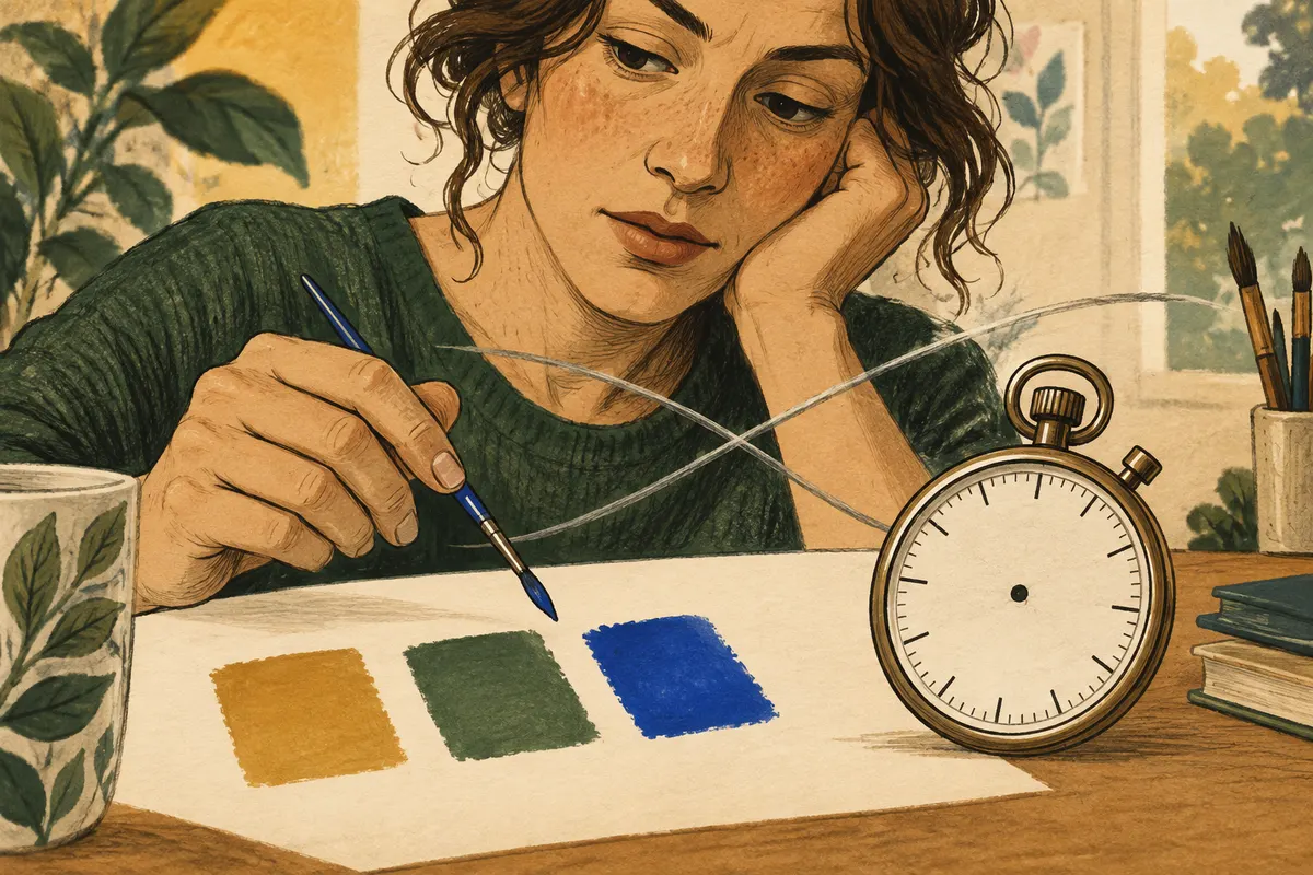 A hand holds a paintbrush over color swatches beside a simple stopwatch.