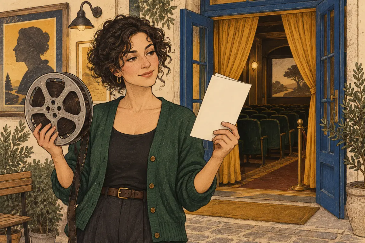A thoughtful cinema owner holds a film reel and a blank program outside her theater.
