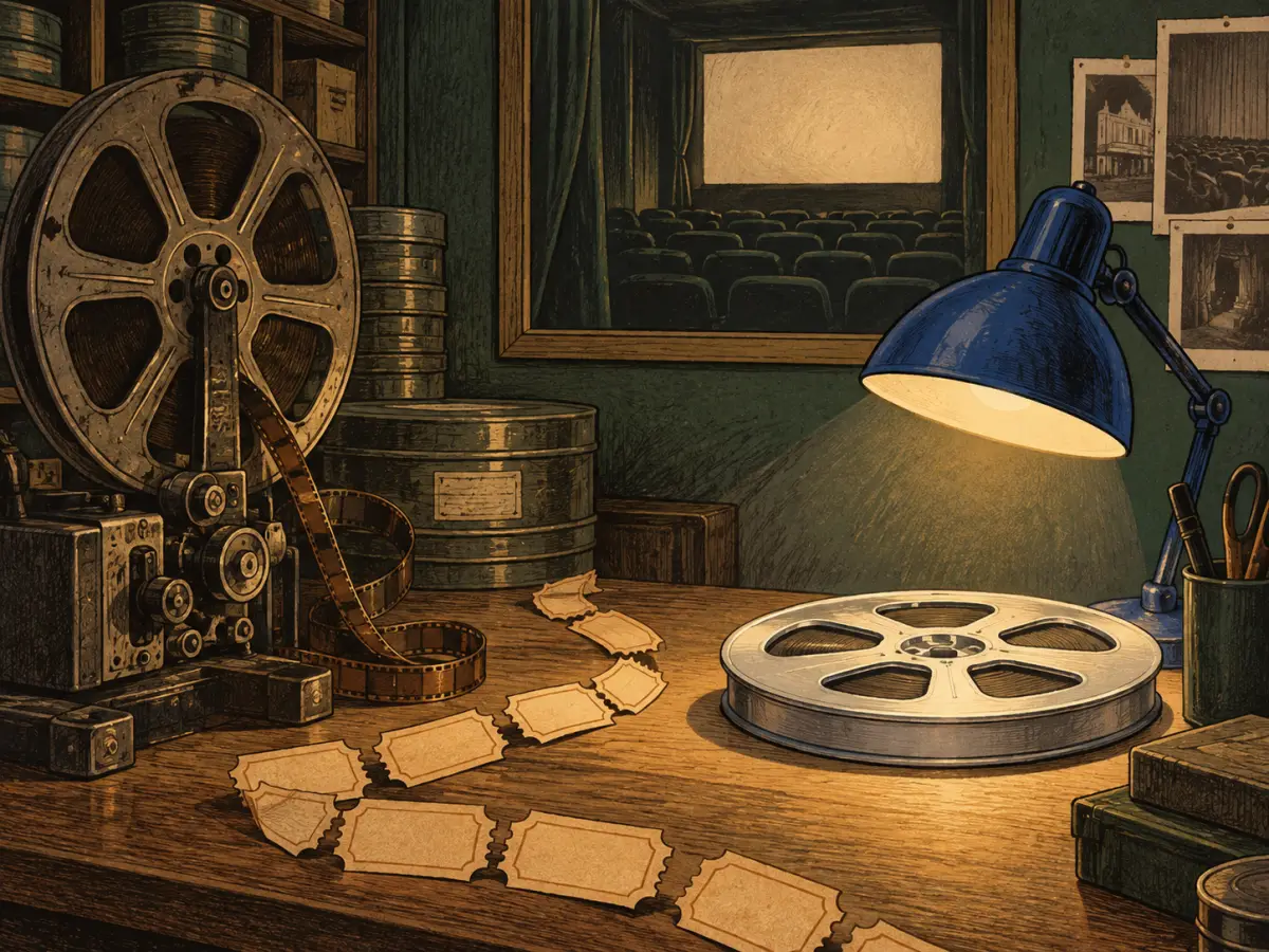 Film reels, spent blank tickets, and a blue desk lamp in a quiet cinema projection room.