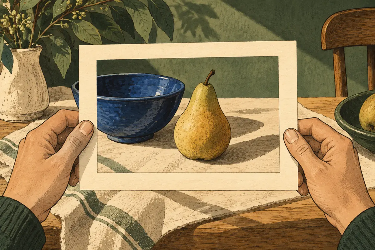 Hands frame a bowl, a pear and a shadow on a tabletop.