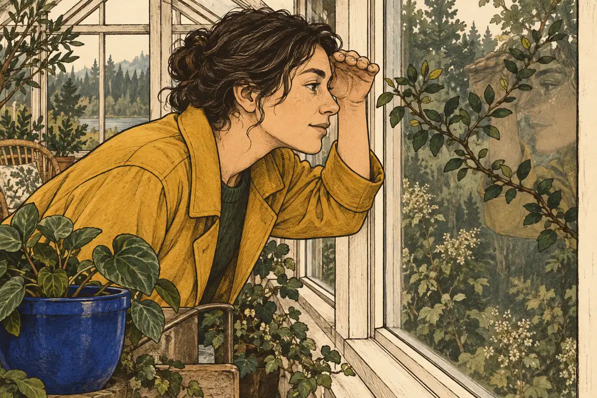 An adult looks closely through a conservatory window to distinguish a branch from its reflection.