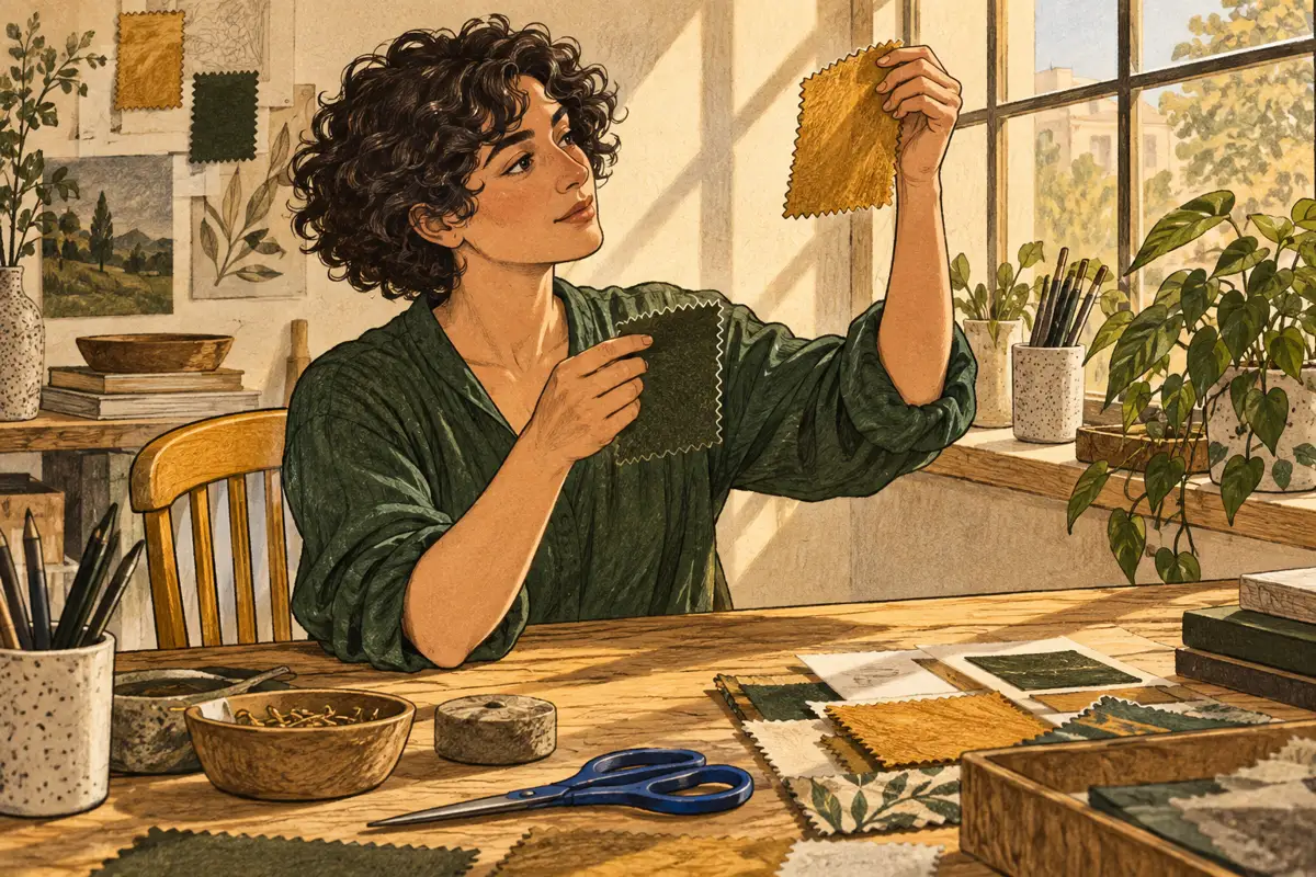 An adult compares fabric samples beside a window to check their color in the light.