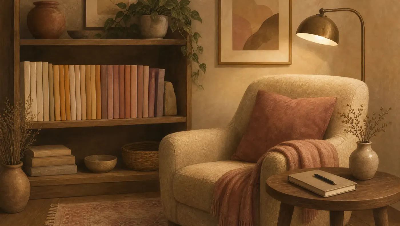 A bookshelf corner with a row of slim guides, a reading lamp, an armchair with a folded blanket and a side table holding a notebook and pen.