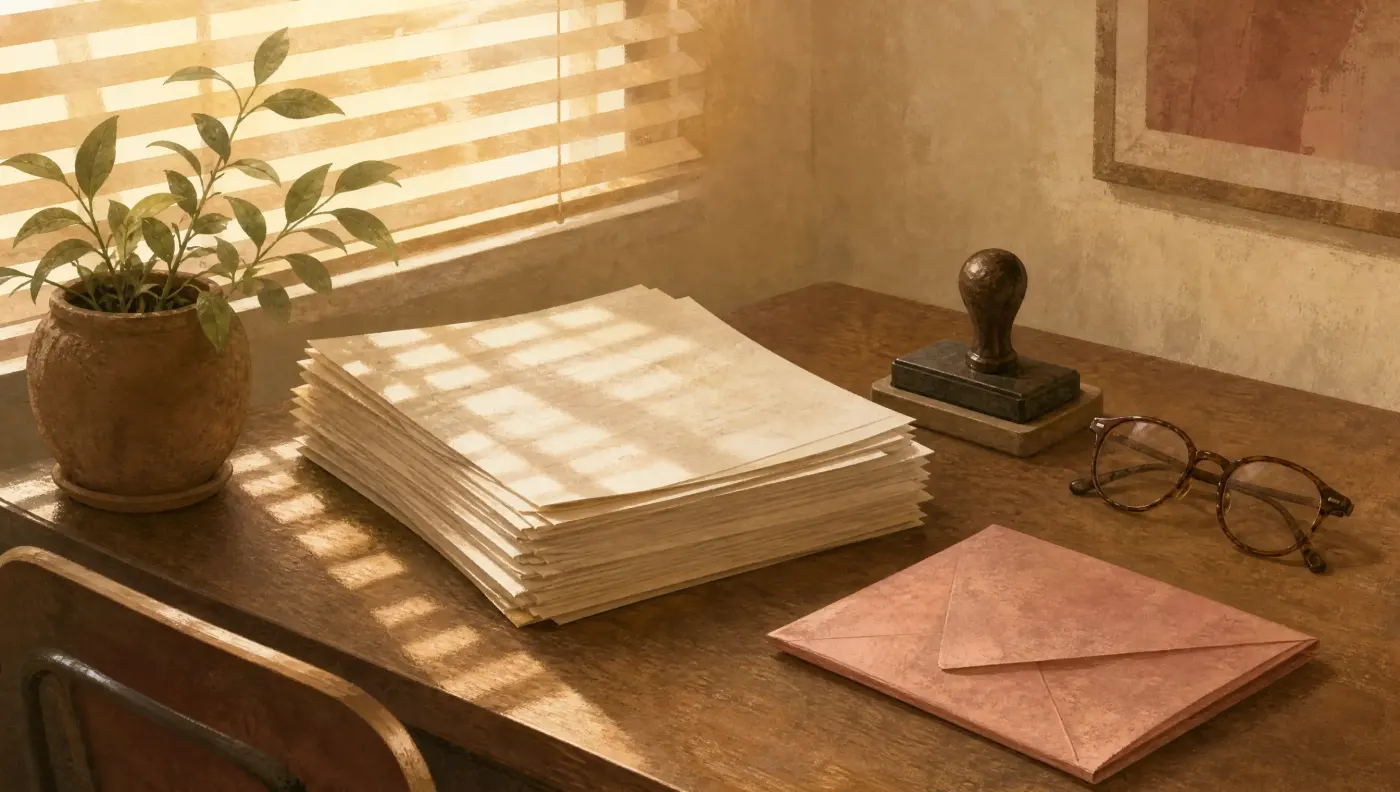 A desk with a stack of paper forms, a rubber stamp, reading glasses and a folded letter beside a window with blinds casting soft stripes.