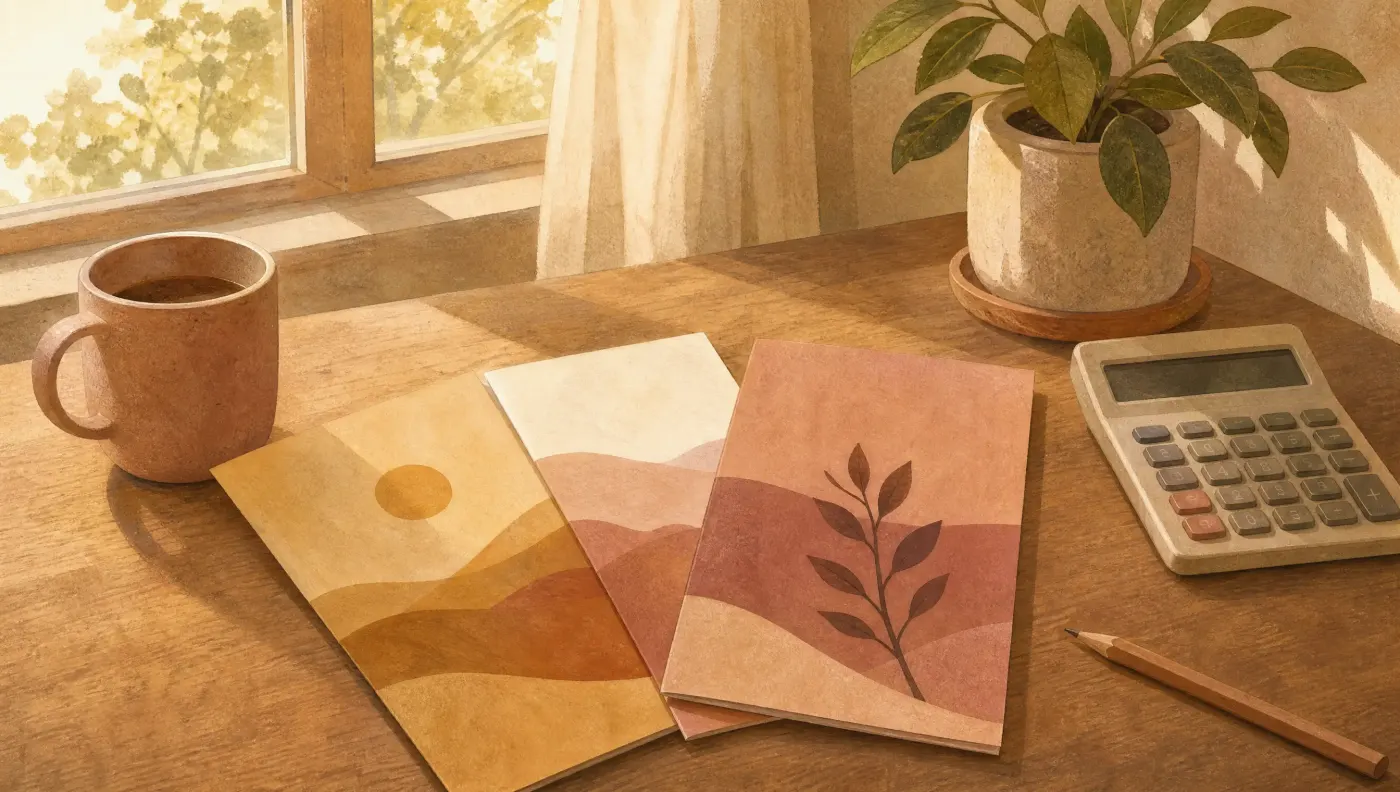 A desk with three brochures fanned out beside a calculator, a pencil and a mug, with a window and a plant in soft afternoon light.