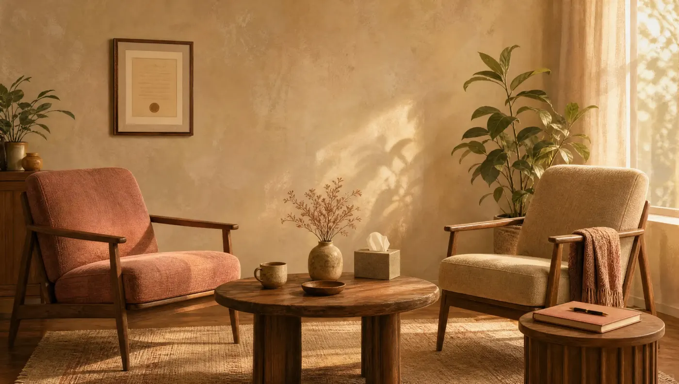Two empty armchairs facing each other across a low table in a sunlit room, one beside a framed certificate on the wall, the other beside a planner and pen.