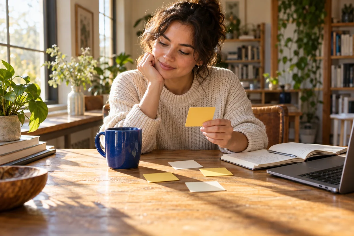 A learner considers a blue mug and a card at a sunlit table beside her notebook and laptop.