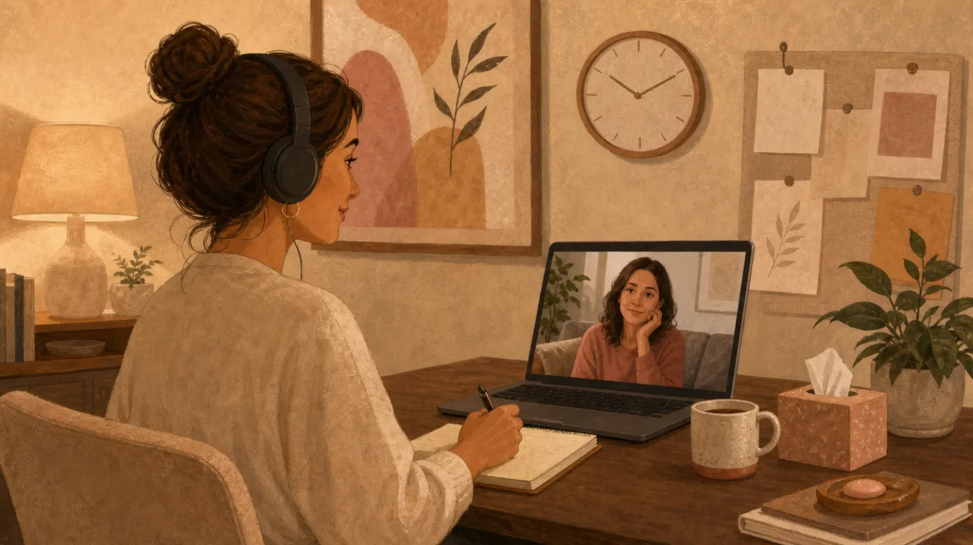 A therapist at a desk with a laptop showing a video call, headphones on, a clock and a schedule pinned to the wall behind.