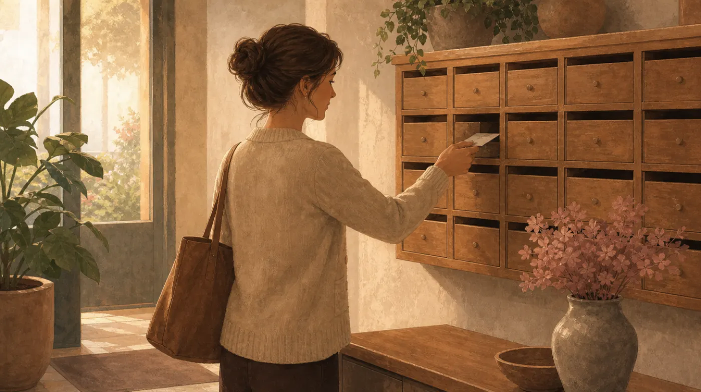 A wall of small wooden mailboxes in a shared lobby, a clinician placing a card into one of them, soft afternoon light.