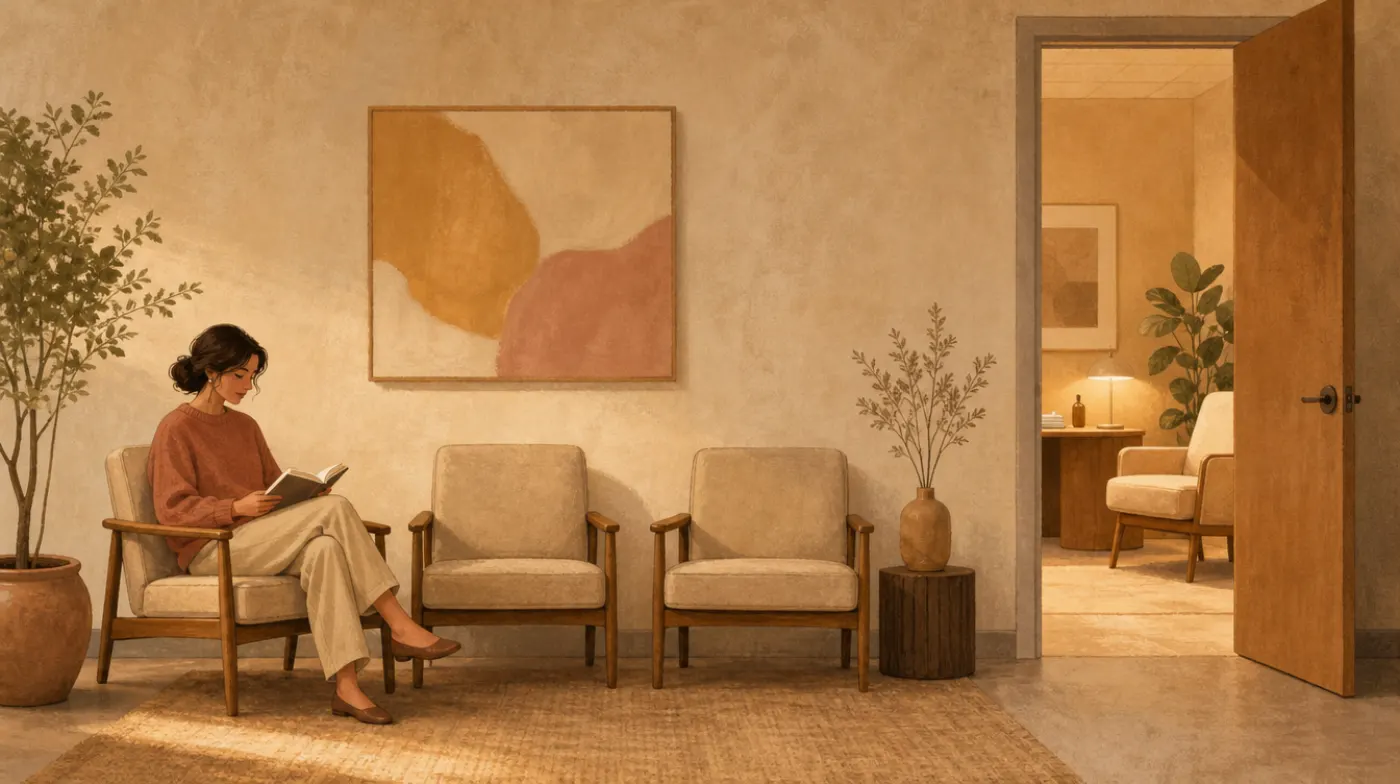 A waiting room with three comfortable chairs, one occupied by a person reading, a door ajar to a warmly lit consulting room.