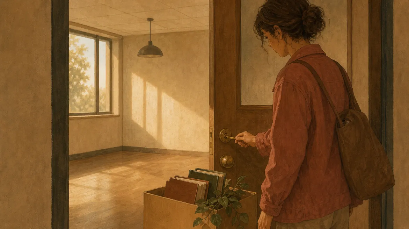 A person turning a brass key in the door of a small empty office, a cardboard box of books and a plant at their feet.