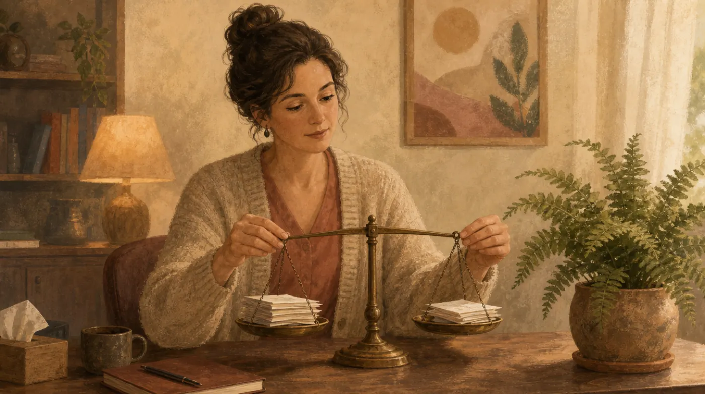 A therapist in a cardigan weighing two small stacks of paper on an old brass balance scale on a desk, a potted fern beside it.