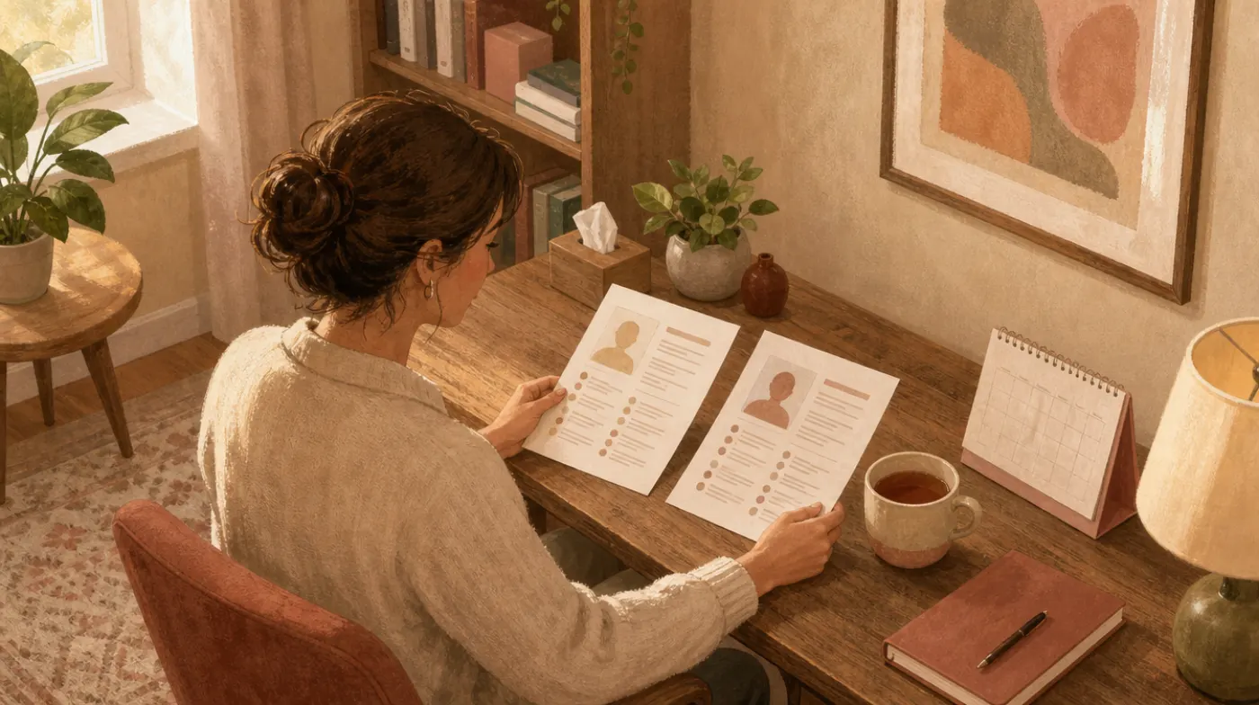 A therapist compares two printed directory listings at a wooden desk beside a mug of tea and a paper calendar.