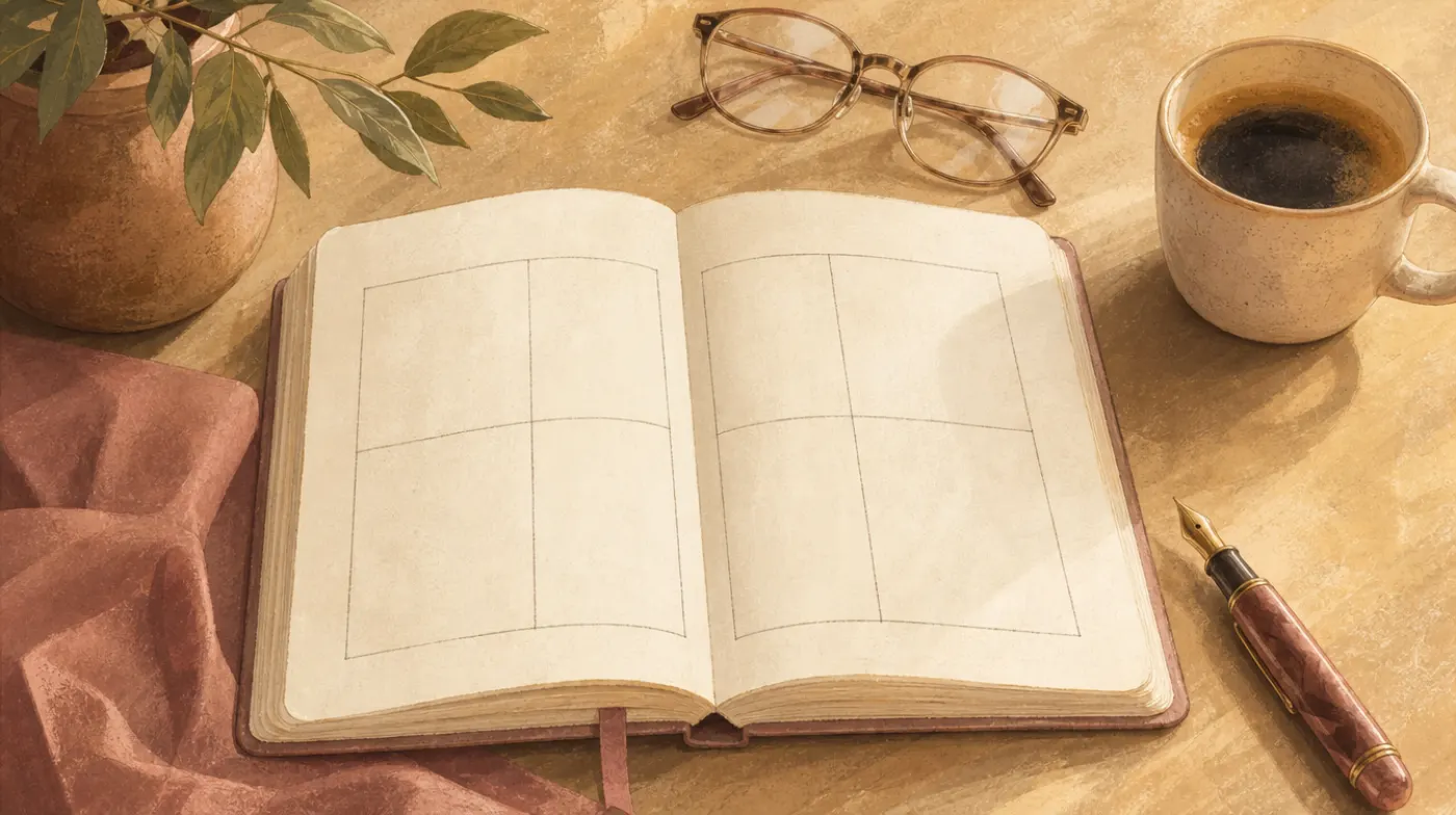 An open paper planner on a desk with a quarterly grid drawn in pencil, a fountain pen, reading glasses and a cup of coffee.