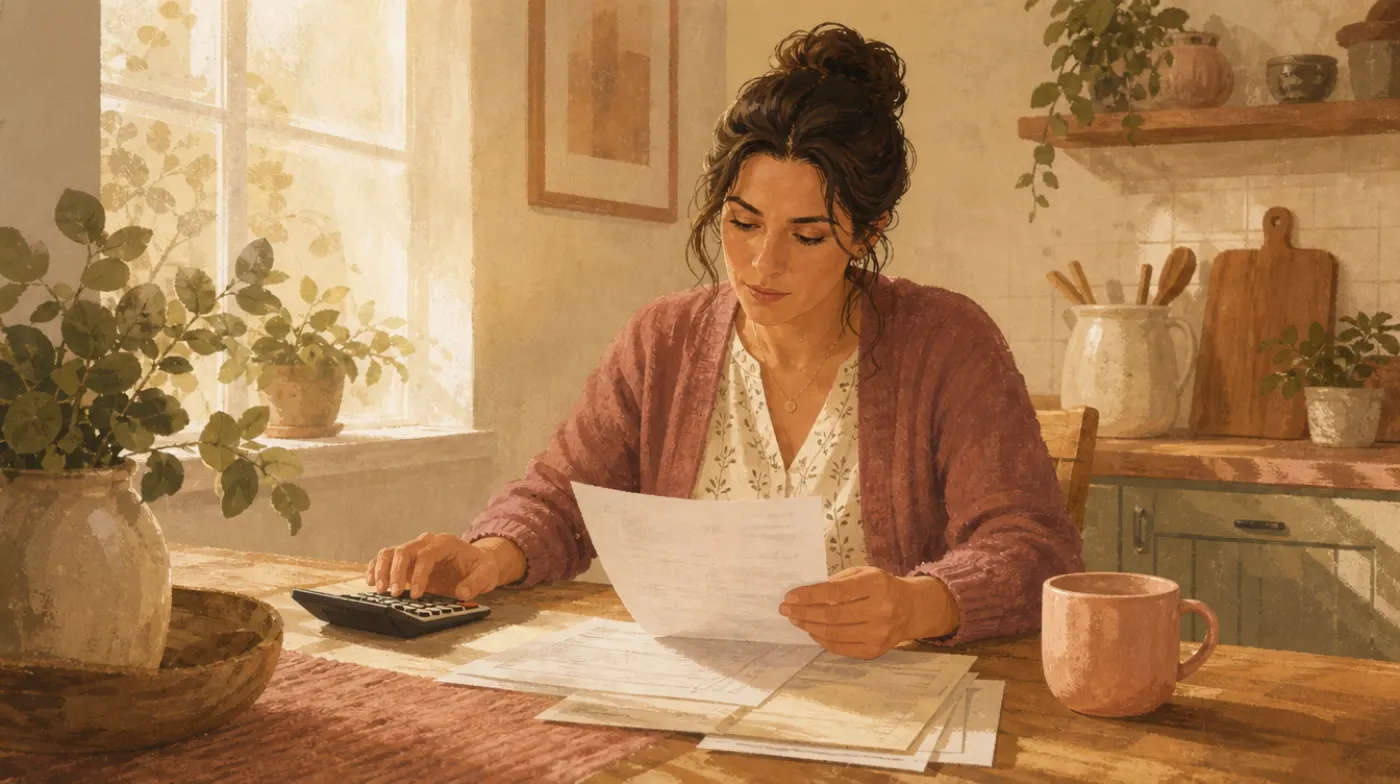 A clinician at a kitchen table reviewing a monthly invoice on paper with a calculator and a ceramic mug, morning light through a window, calm concentration.