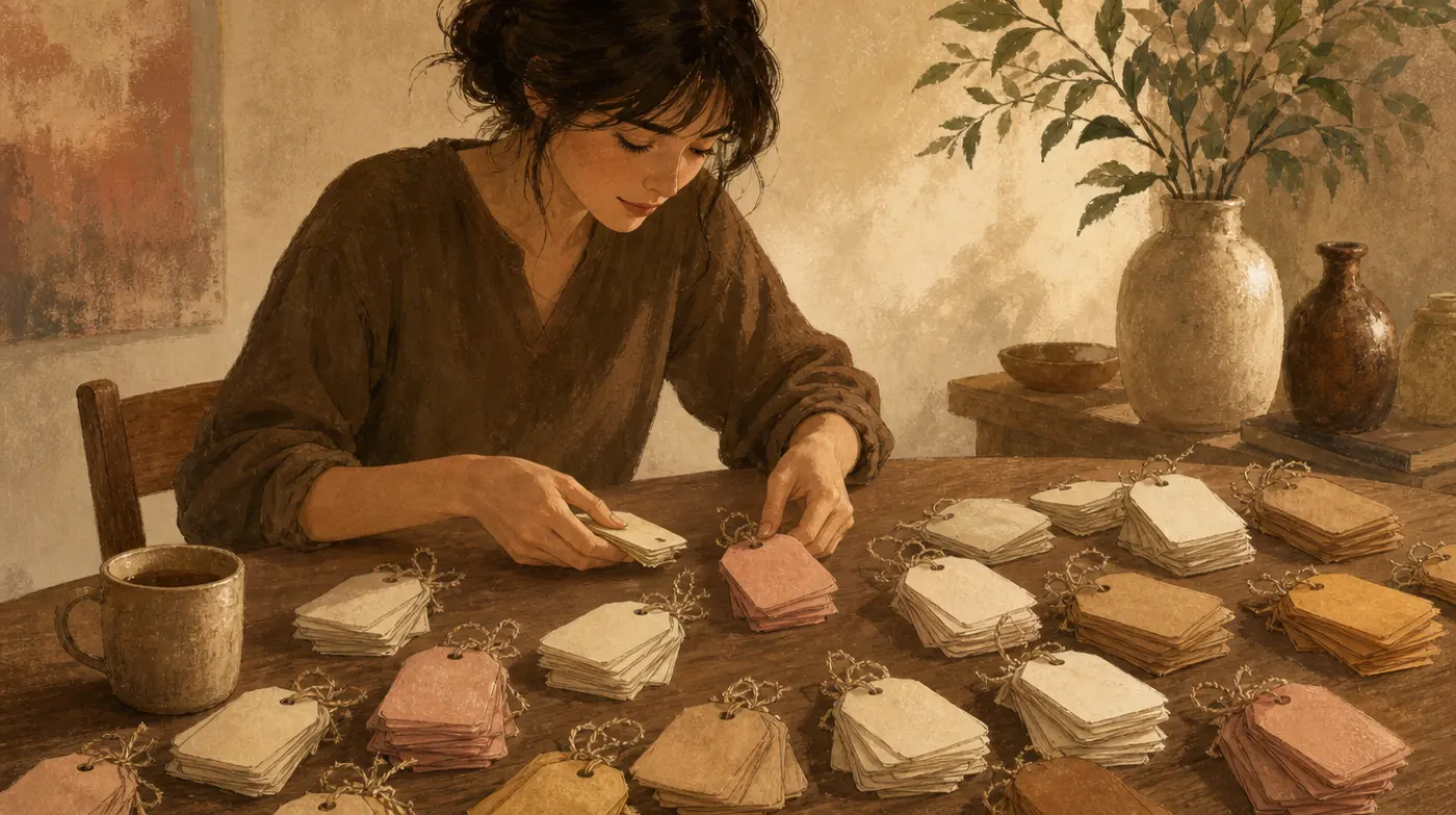 A person sorting dozens of small paper tags into neat piles on a table, each tag tied with string, a mug nearby.